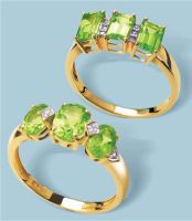 Set with 3 peridot and 6 diamonds. Sizes J - T. Jewellery may be shown larger than actual size