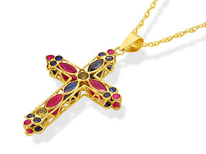 Unbranded 9ct-Gold-Ruby-And-Sapphire-Double-Sided-Cross-And-Chain--29mm-186879