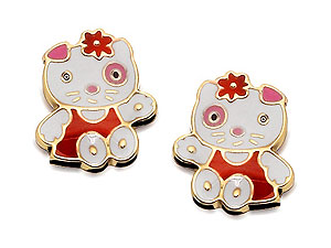 Unbranded 9ct-Gold-White-Red-And-Pink-Enamel-Kitten-Earrings--5mm-070869