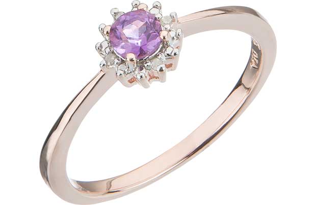 This 9ct Rose Gold Plated Sterling Silver Amethyst and Diamond Ring combines elegance and style to provide you with a beautiful ring that is fit for any occasion. A sleek designed ring is finished off with an Amethyst and Diamond stone for added glam