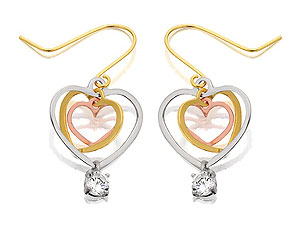 Unbranded 9ct-Three-Colour-Gold-Open-Hearts-And-Cubic-Zirconia-Hook-Wire-Drop-Earrings-071095