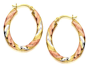 Unbranded 9ct Three Colour Gold Ribbed Hoop Earrings 24mm