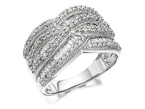 The impact of this 1.2cm band cannot be over-emphasied - its spectacular. Four rows of round brilliant diamonds entwine, between them three rows of baguette cut diamonds.