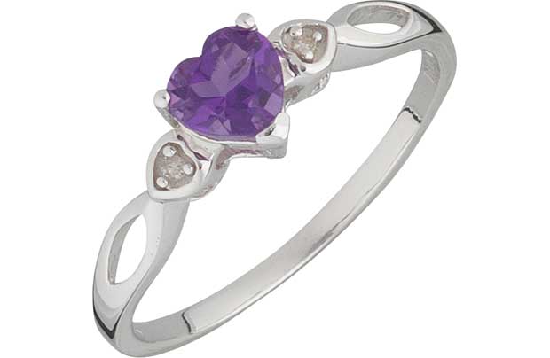 This 9ct White Gold Amethyst and Diamond Heart Ring is a beautifully crafted and elegant piece of furniture. This will make a perfect gift for a loved one. The White gold band ring with a stylishly engraved heart stone. Suitable for everyday use or f