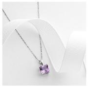 A 9 carat white gold pendant with a square amethyst stone detail. The chain is 18 inches long.