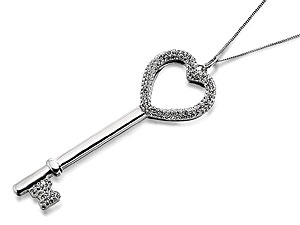 Unbranded 9ct-White-Gold-And-Crystal-Heart-Key-Pendant-And-Chain--52mm-188254