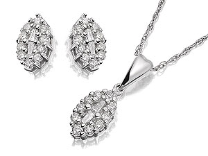 Unbranded 9ct White Gold and Diamond Ellipse Cluster Pendant Chain and Earrings 048681