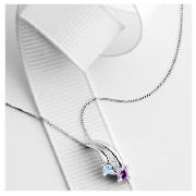 This 9ct white gold pendant features a blue topaz and amethyst stone. It also features an 18 chain.