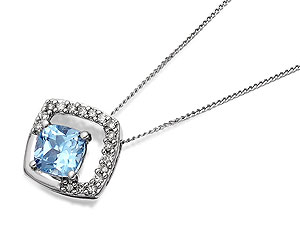 A 9 x 9mm cushion-shaped pendant featuring a diamond-dotted outline (12pts total diamond weight) with a blue topaz nestling within it, strung from an 18/46.5cm fine chain.