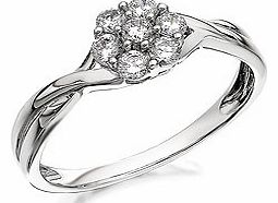 A 6mm wide cluster of seven invisible set cubic zirconias is enhanced beautifully by the crossover of the twisted shoulders. A very pretty ring with a sparkling impact.