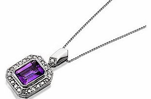 A lovely 12 x 9mm little octagonal cushion with a purple amethyst at the centre plus diamonds surrounding it (13pts total diamond weight) strung from an 18/46.5cm chain.