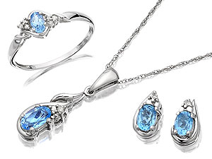 Unbranded 9ct-White-Gold-Diamond-And-Blue-Topaz-Pendant-Earrings-And-Ring-Set-075019