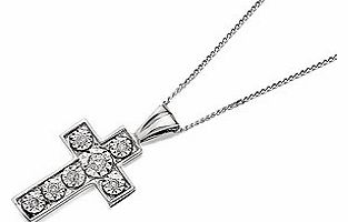 Seven diamond accents (5pts total diamond weight) - the centre diamond larger than the other six - are set within the arms of this 14 x 9mm cross, strung from a 46.5cm chain.