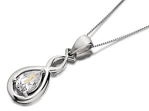 9ct white gold enfolds a pear drop shaped white cubic zirconia to create this pretty 8 x 15mm pendant strung from a matching 18/46.5cm chain.