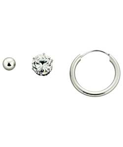 Uncapped hoop, cubic zirconia stud and ball earring.