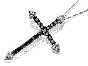 Unbranded 9ct-White-Gold-Night-And-Day-Black-And-White-Diamond-Cross-And-Chain--30pts-049551