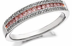 Three rows of diamonds: two white and one of rare pink diamonds in the centre (1/3ct total diamond weight) cover the whole of the 4mm wide front face of this charming ring, tapering to 2mm wide at the back.