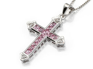 Unbranded 9ct White Gold Pink Sapphire and Diamond Cross