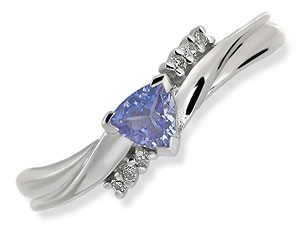 `A triangular-shaped blue tanzanite sits at the centre of this pretty 9ct white gold crossover style