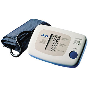 Automatic one-touch inflation blood pressure monitor. Featues clear 3 line display which shows systo