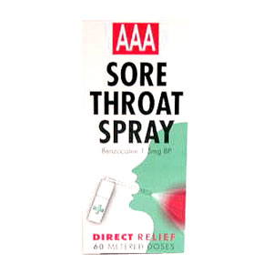 For the relief of symptoms of pain associated with sore throat and minor infections. AAA Sore Throat