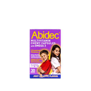 Abidec Multivitamins Chewy Capsules With Omega 3 contain 5 essential vitamins in a juicy orange flav