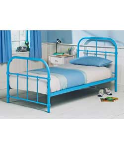 Blue coloured metal frame. Size (W)100.4, (L)198.6, (H)104.5cm. 23cm clearance between floor and und