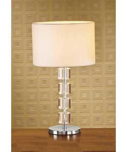 Chrome finish metal base with decorative acrylic and white fabric shade.In-line switch.Height