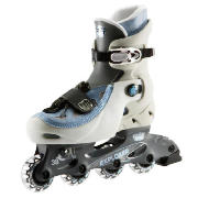These Activequipment junior adjustable in-line skates come in blue and white and have a head buckle 