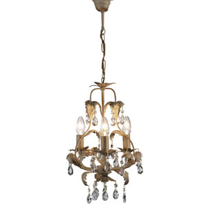 A three arm chandelier with ivory and gold coloure