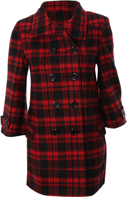 Funnel neck double breasted check wool coat