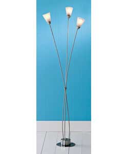 Nickel finish with frosted glass shades.In-line on/off switch.Height 148cm.Diameter 32cm.Requires 3 