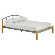 This double bed from the Akita range has a metal frame and wooden slatted base with a silver effect