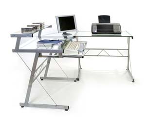 Spacious L-shape glass desk workstation. This contemporary corner desk design is compact yet