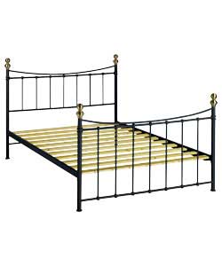 Headboard and footboard in a black powder coated finish with brass effect finials. Size (W)162.7, (L
