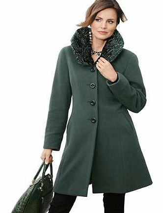 Lightly flared bell shaped coat with a voluminous faux fur collar, 2 side pockets and an inside pocket. Featuring large contrasting buttons, shoulder pads and Viennese seams on the front and back. Alessa W. Coat Features: Flattering fit Large collar 