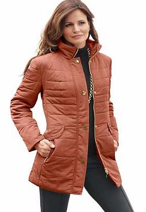 Colourful quilted coat with lovely gold coloured highlights and different quilting variations. Featuring a stand-up collar with subtle gathering and a 2 way zip, concealed by a press stud panel. With 2 vertical zip pockets complete with decorative fl