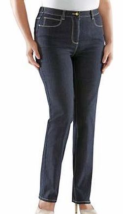 The even, dark wash and cognac coloured decorative stitching give these jeans an elegant sporty look. In a classic 5-pocket design and slim cut with side elasticated waistband and a back yoke for a perfect fit. Alessa W. Jeans Features: Straight leg 