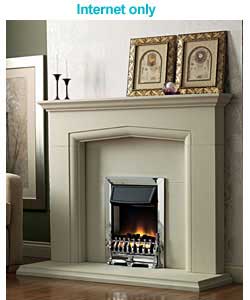 White stone effect surround with inset chrome effect electric fire.Spinner flame effect with coal fu