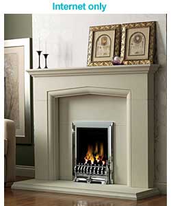 White stone finish surround with chrome effect gas fire.Suitable for natural gas supply (20mbar).Chi