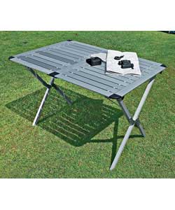 Aluminium slatted top with strong steel frame. Weight 6.3kg. Size (H)70, (W)110, (D)70cm. Complete w
