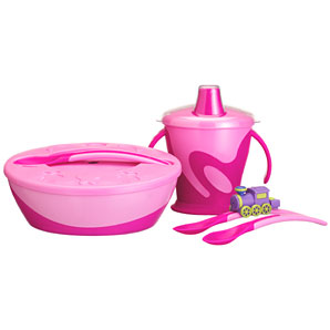 A bright pink feeding set including a feeding bowl
