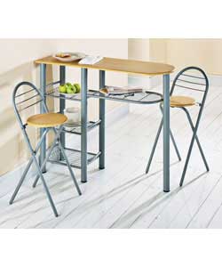 Silver coloured metal and wood effect. Size of chairs (H)85.5, (W)36, (D)41cm.Size of table (H)93,