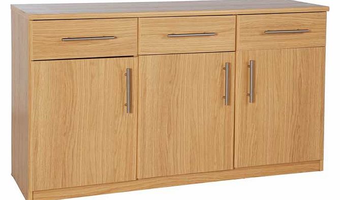 The Anderson is a great value. simple but elegant furniture range that will suit any home. This oak effect sideboard features 3 drawers and 3 doors with stylish metal handles. Part of the Anderson collection. Size H76.9. W120. D39.6cm. Silver handles