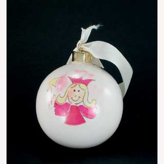 A lovely china bauble in a distinctive festive design  personalised with First Name & Christmas