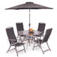 A beautiful circular glass topped table parasol and four chairs made from aluminium and textilene.