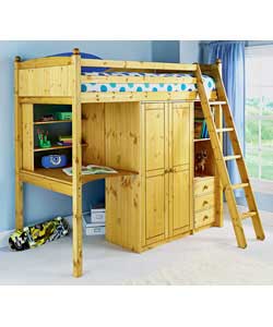 Antique stained solid pine high sleeper with a slanting ladder. Includes storage unit with wardrobe,