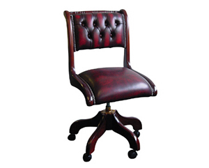 Beautiful hand finished typist chair. Regency button leather swivel chair. Replica wood veneered. Up