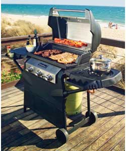 Deluxe stainless steel and black gas wagon grill. Quick start electronic ignition, unique
