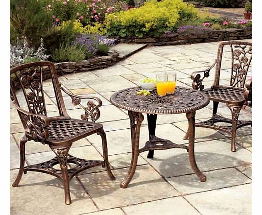 Patio set constructed from strong, weather resistant UV-stabilised polyurethane with an antique bronze finish. Easy self assembly Chairs: 45W x 45D x 87H cm Table: 67W x 66H cm